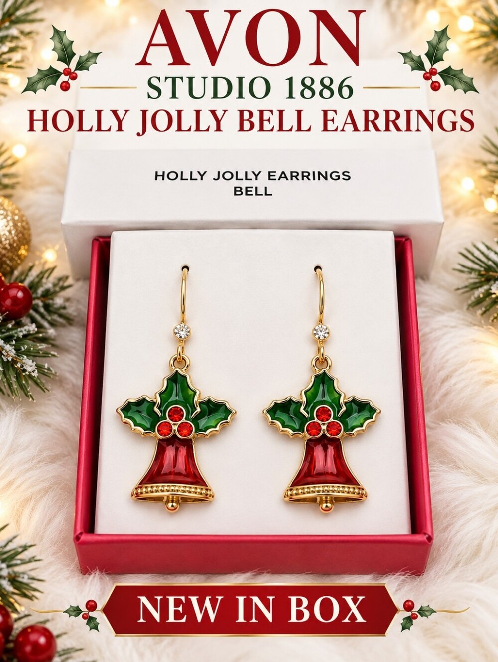 Avon Studio 1886 Holly Jolly Christmas Bell Earrings NIB